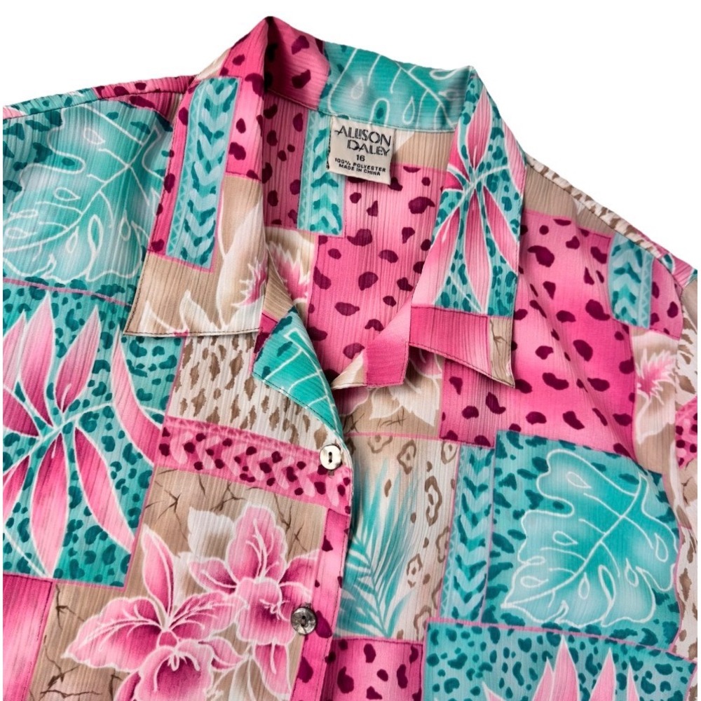 Allison Daley Button Front Blouse Women 16 Pink Tropical Patchwork Short Sleeve - Picture 3 of 10